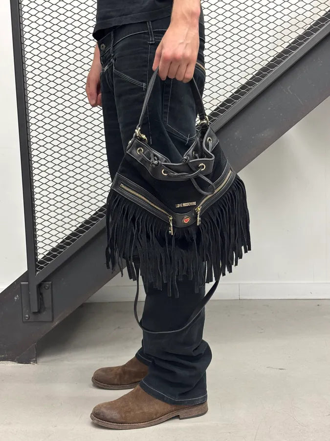 Love Moschino Black Velvet Leather Fringe Bucket Bag SxJsSfE 2