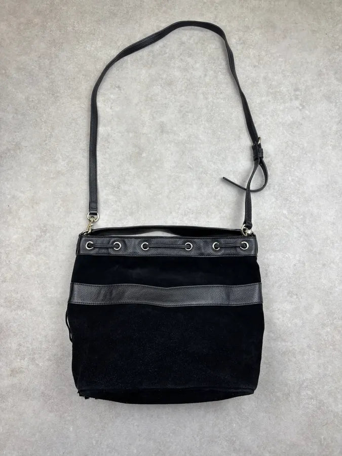 Love Moschino Black Velvet Leather Fringe Bucket Bag SxJsSfE 11