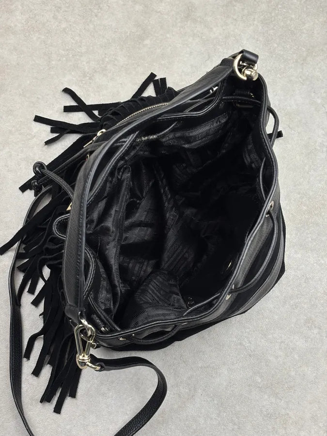 Love Moschino Black Velvet Leather Fringe Bucket Bag SxJsSfE 14