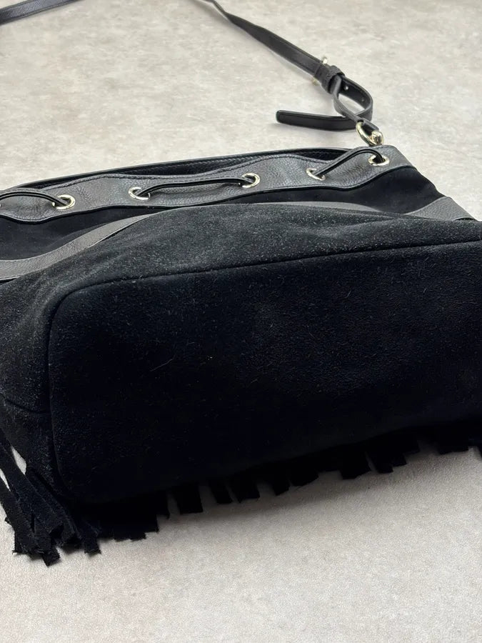 Love Moschino Black Velvet Leather Fringe Bucket Bag SxJsSfE 13