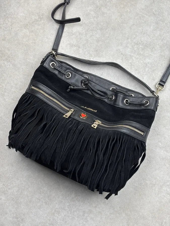 Love Moschino Black Velvet Leather Fringe Bucket Bag SxJsSfE 4