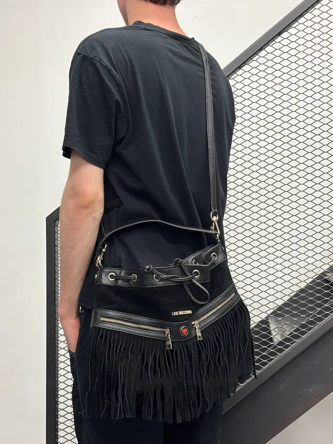 Love Moschino Black Velvet Leather Fringe Bucket Bag SxJsSfE 1