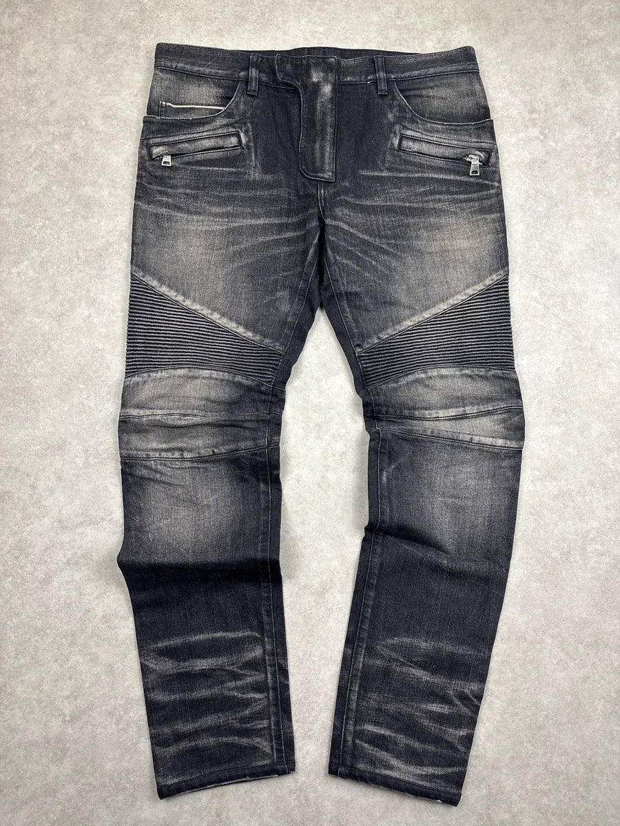 2010s Balmain Dark Grey Denim Biker Slim Tapered Jeans lugyFKYA 0