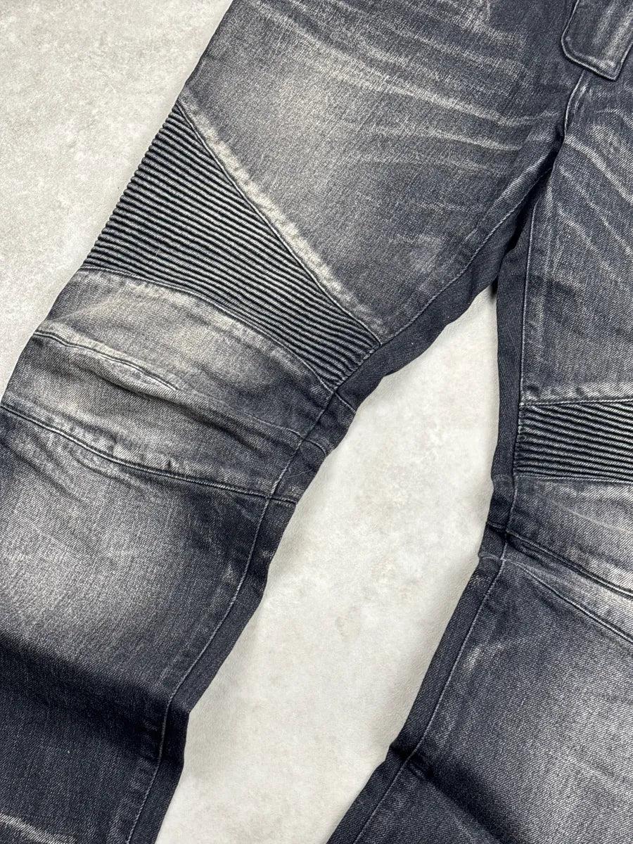 2010s Balmain Dark Grey Denim Biker Slim Tapered Jeans lugyFKYA 5