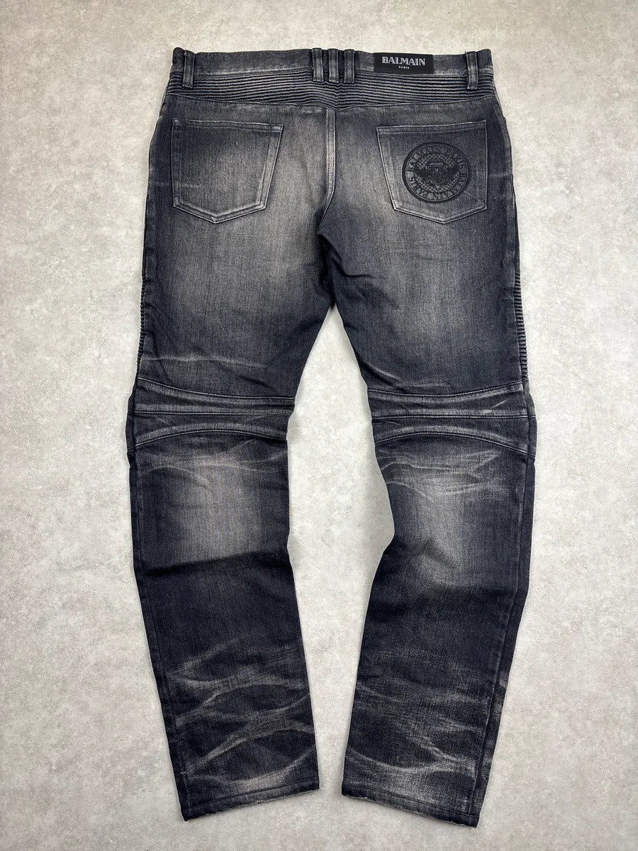 2010s Balmain Dark Grey Denim Biker Slim Tapered Jeans lugyFKYA 4