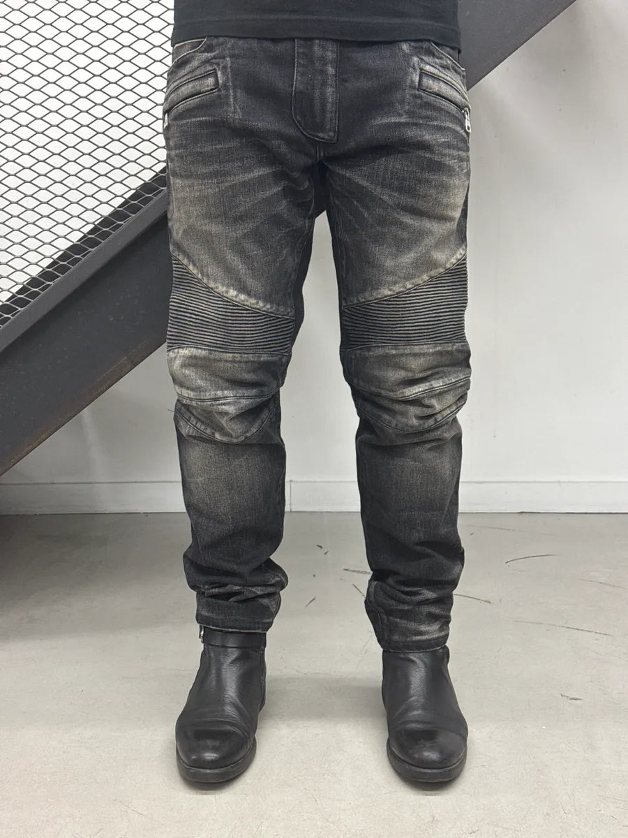 2010s Balmain Dark Grey Denim Biker Slim Tapered Jeans lugyFKYA 1