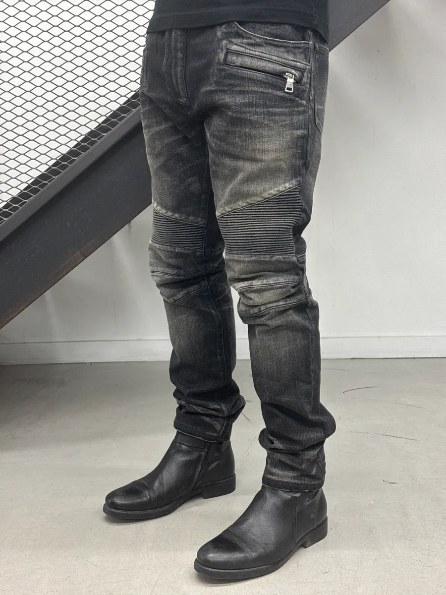2010s Balmain Dark Grey Denim Biker Slim Tapered Jeans lugyFKYA 2