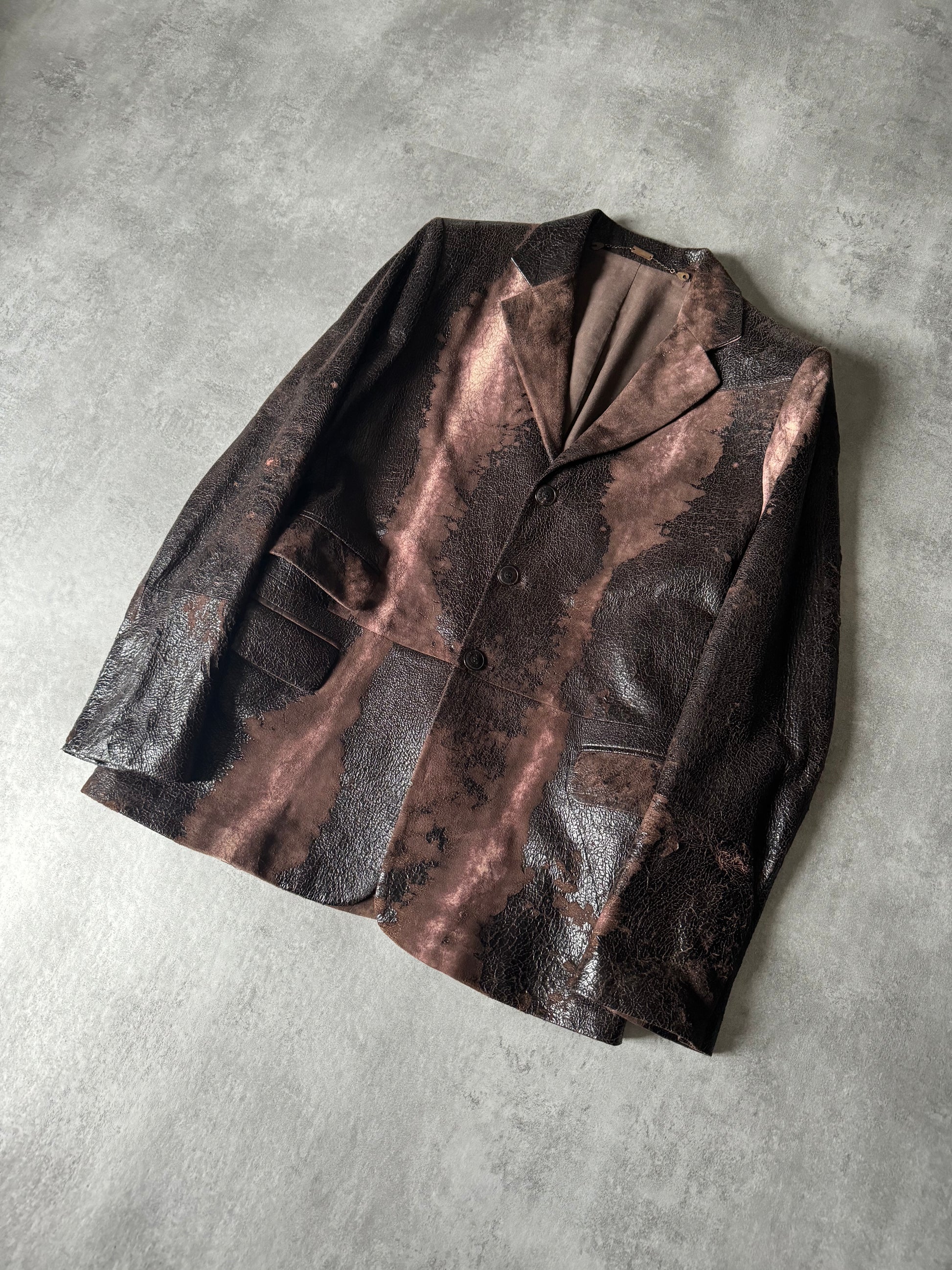 AW2000 Roberto Cavalli Artisanal Brown Eroded Silk Leather Blazer Jacket  (L) - 8