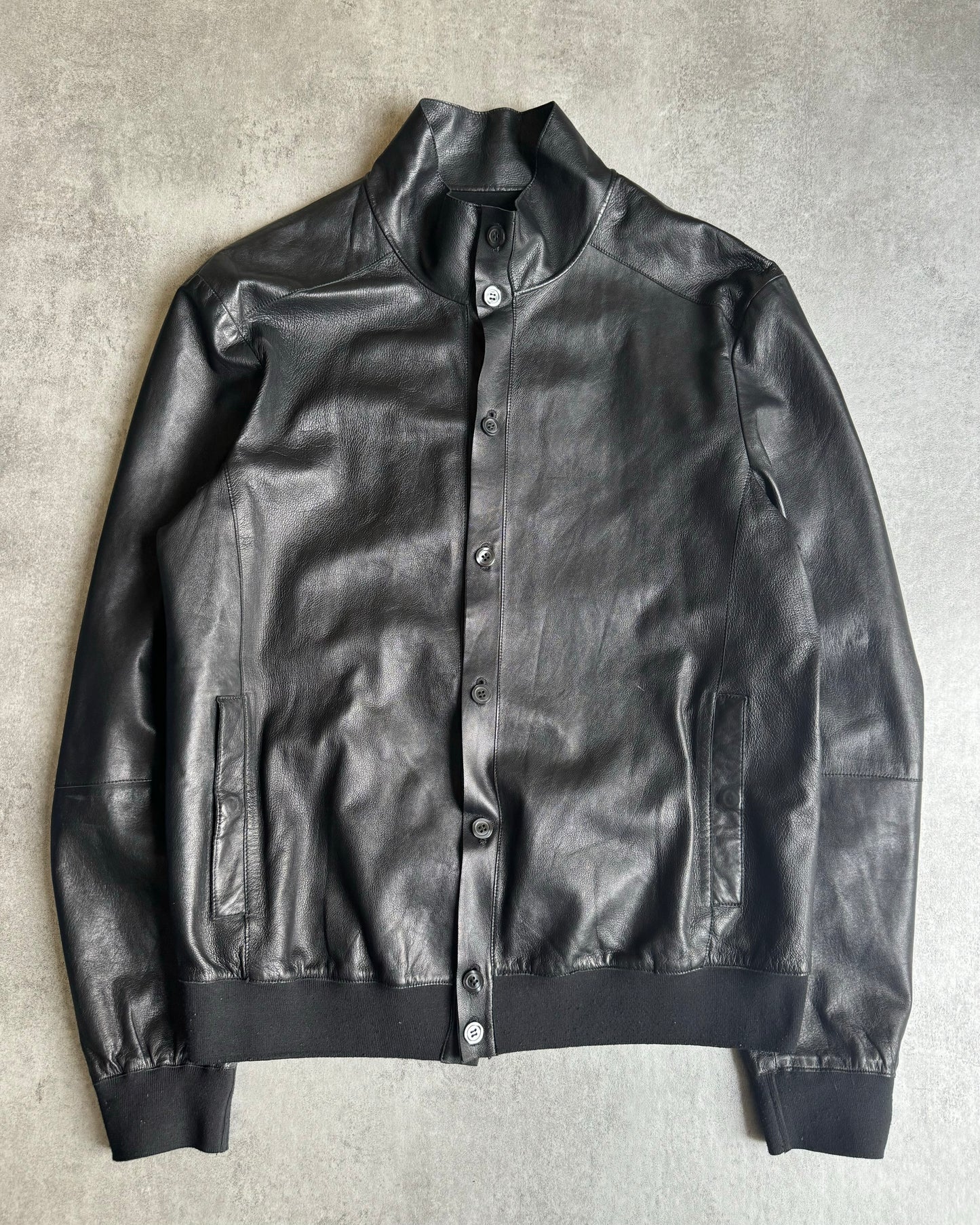 SS2015 Emporio Armani Black Pure Minimalist Button Ups Lamb Leather Jacket (L) - 3