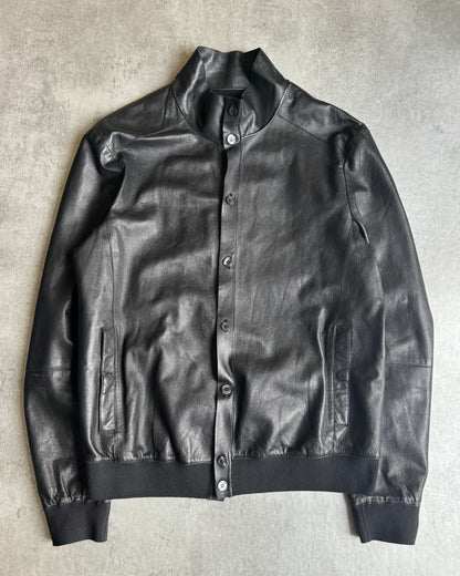 SS2015 Emporio Armani Black Pure Minimalist Button Ups Lamb Leather Jacket (L) - 3