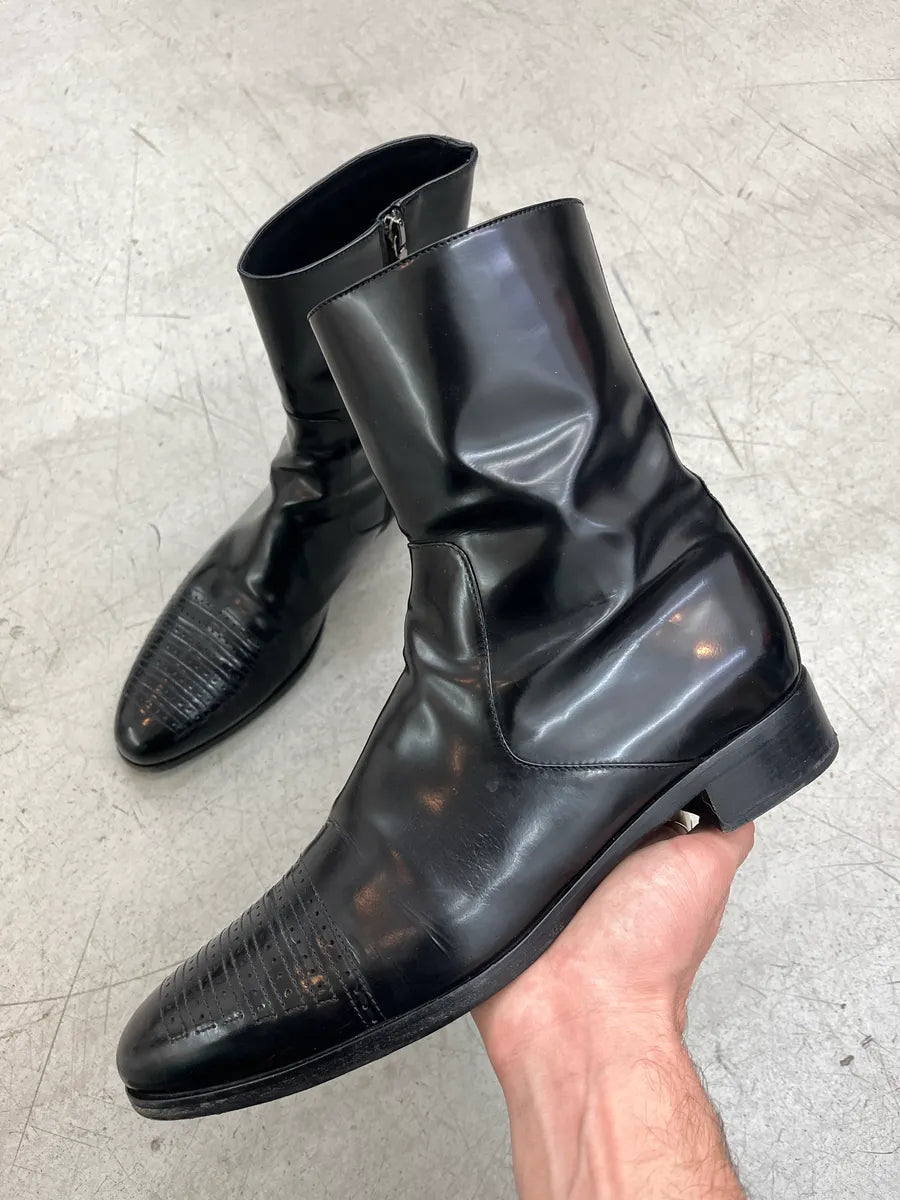AW2003 Prada Perforated Patent Black Leather Boots lzkFSgQD 0