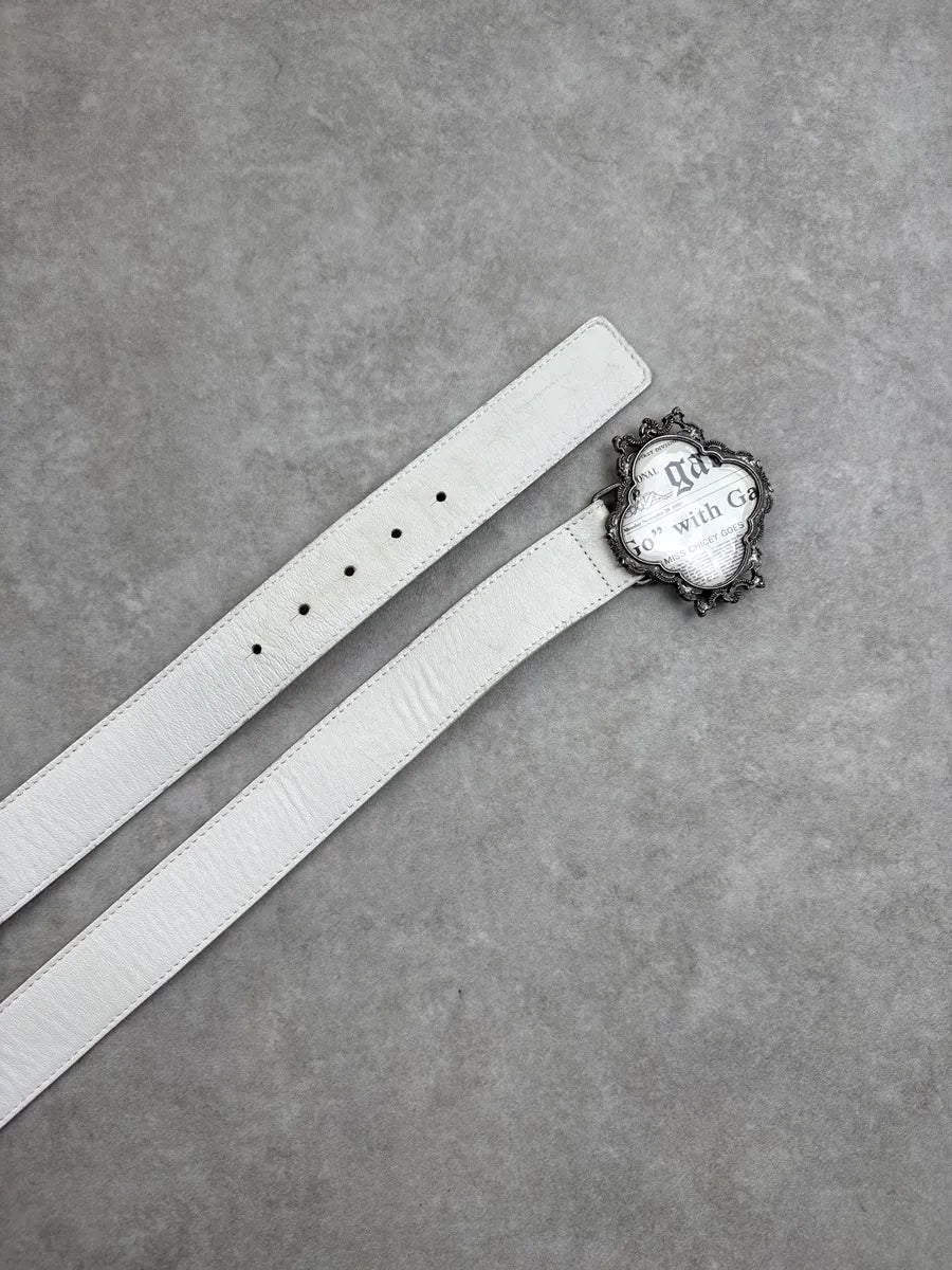 2000s Galliano White Leather Newspaper-Print Buckle Belt mFNiLKZc 3