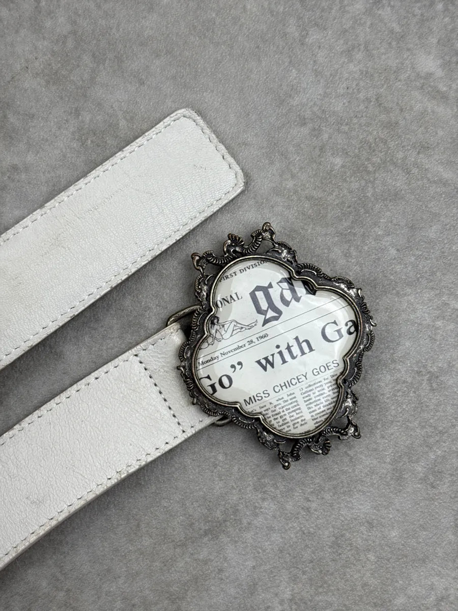 2000s Galliano White Leather Newspaper-Print Buckle Belt mFNiLKZc 4