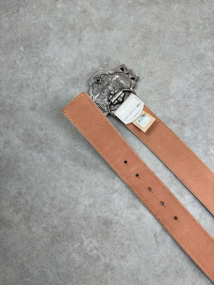 2000s Galliano White Leather Newspaper-Print Buckle Belt mFNiLKZc 5