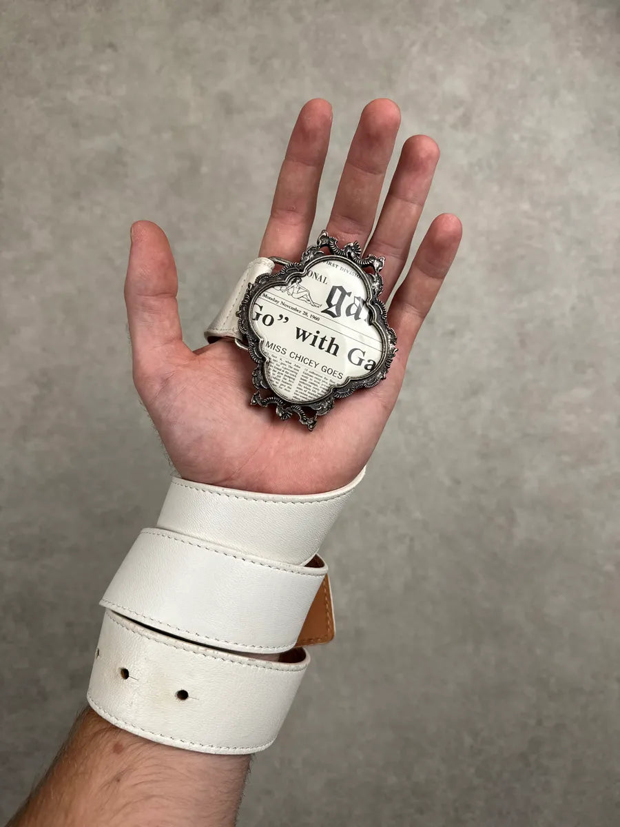 2000s Galliano White Leather Newspaper-Print Buckle Belt mFNiLKZc 1