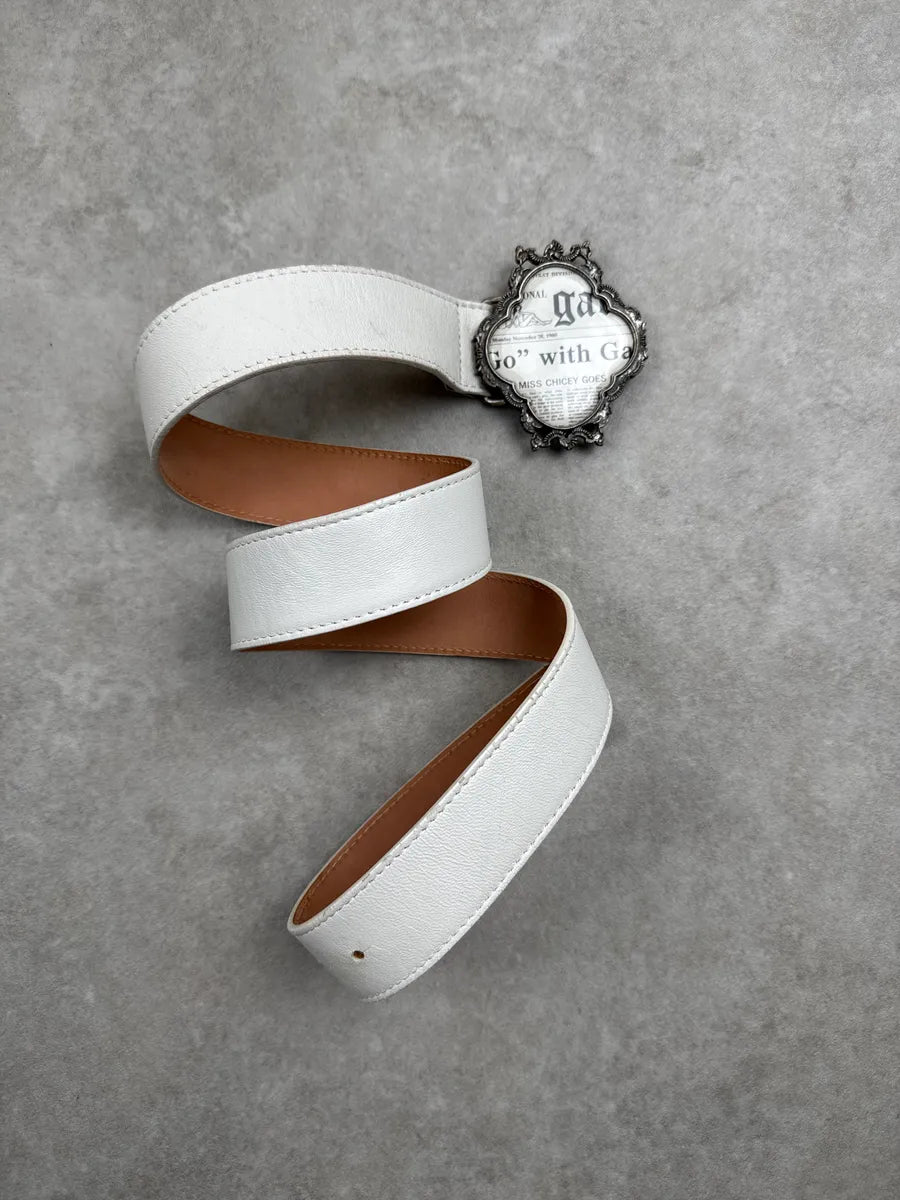 2000s Galliano White Leather Newspaper-Print Buckle Belt mFNiLKZc 2