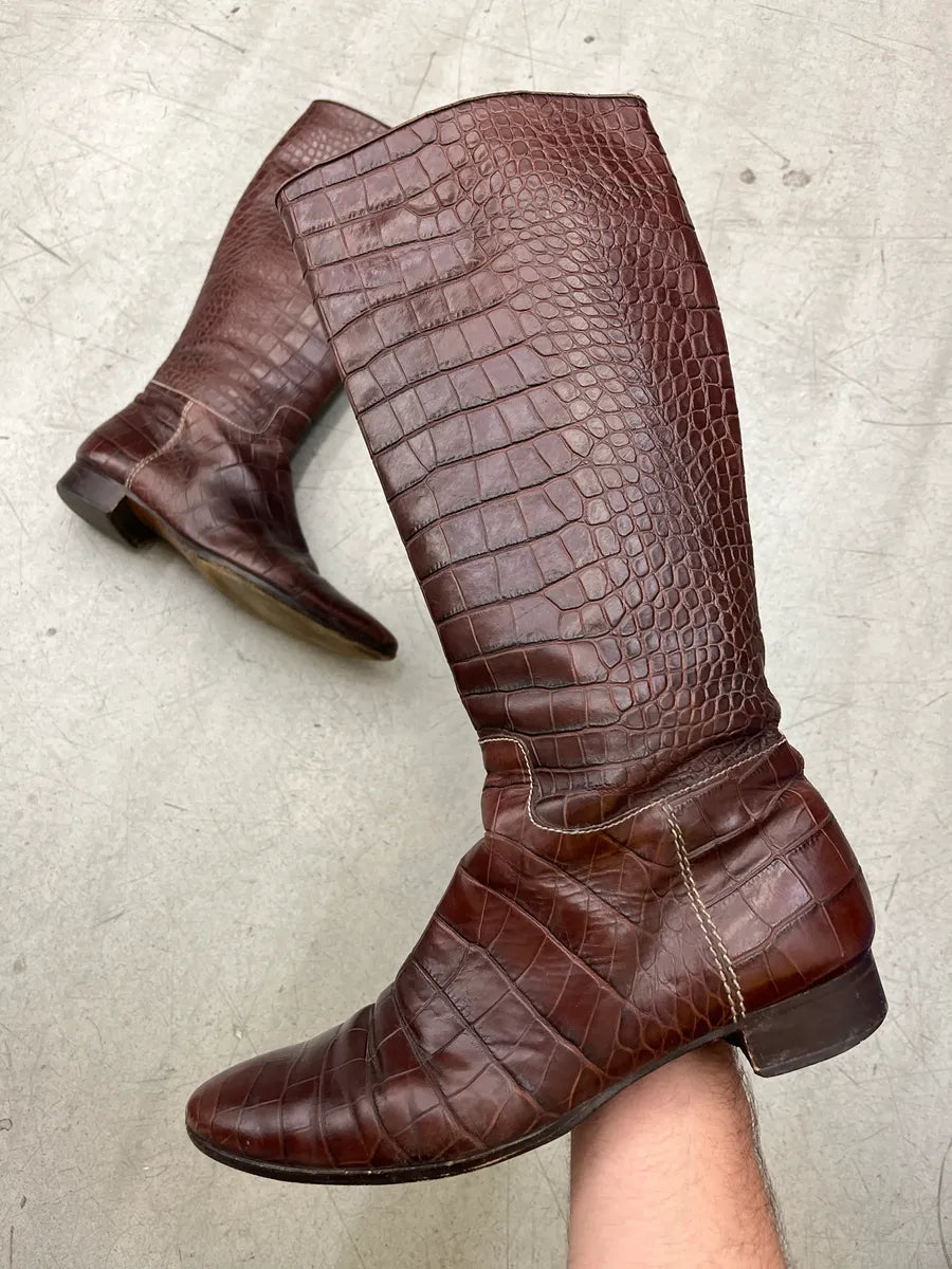 Balenciaga Crocodile Embossed Brown Leather High Boots mJWYPhPZ 0