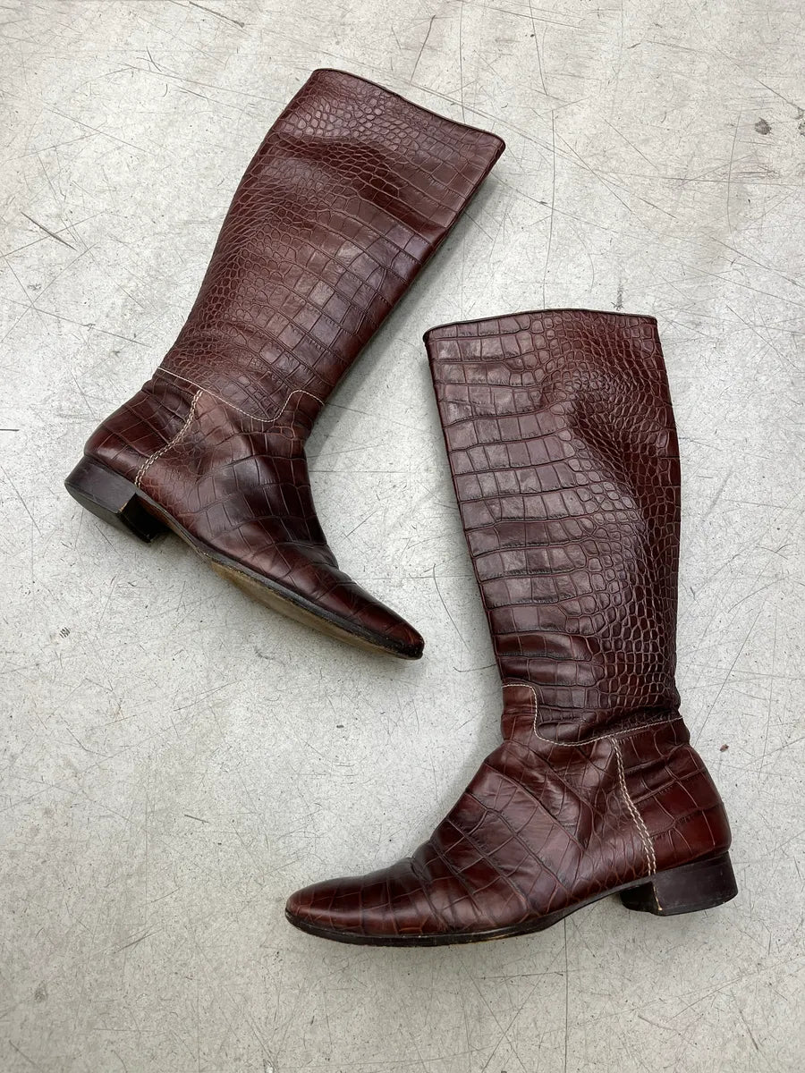 Balenciaga Crocodile Embossed Brown Leather High Boots mJWYPhPZ 1