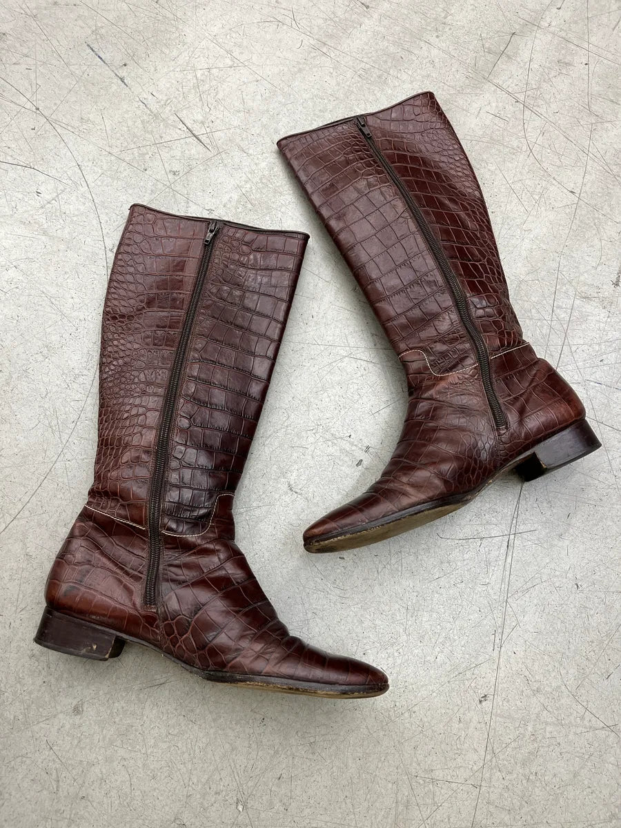 Balenciaga Crocodile Embossed Brown Leather High Boots mJWYPhPZ 2