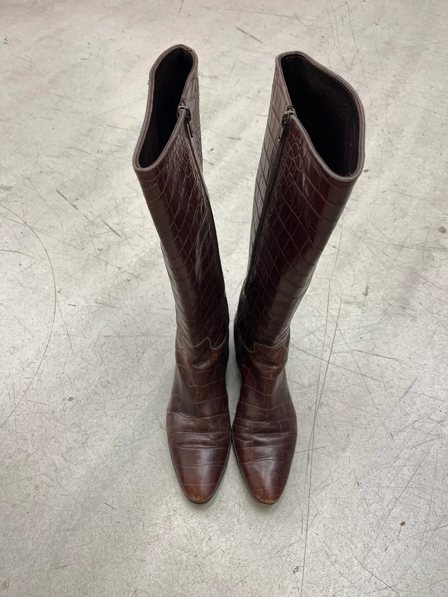 Balenciaga Crocodile Embossed Brown Leather High Boots mJWYPhPZ 3