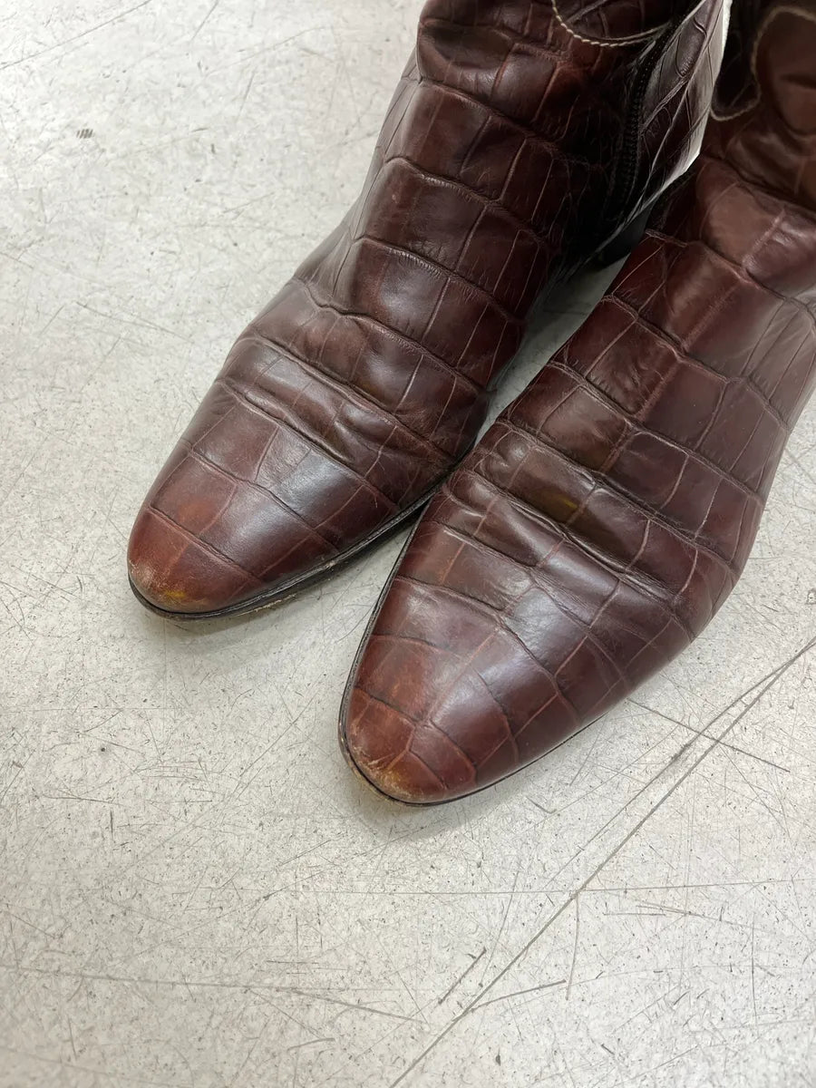 Balenciaga Crocodile Embossed Brown Leather High Boots mJWYPhPZ 4