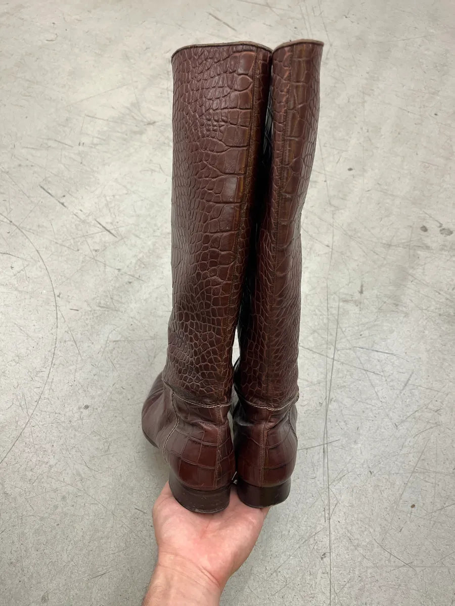 Balenciaga Crocodile Embossed Brown Leather High Boots mJWYPhPZ 5