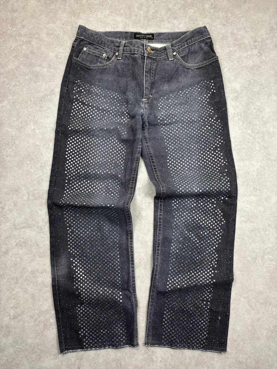 2000s Roberto Cavalli Grey Denim Checkerboard Raw Hem Jeans mYrkwPvq 0