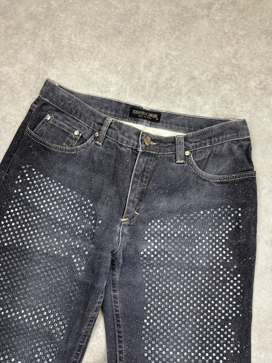 2000s Roberto Cavalli Grey Denim Checkerboard Raw Hem Jeans mYrkwPvq 5