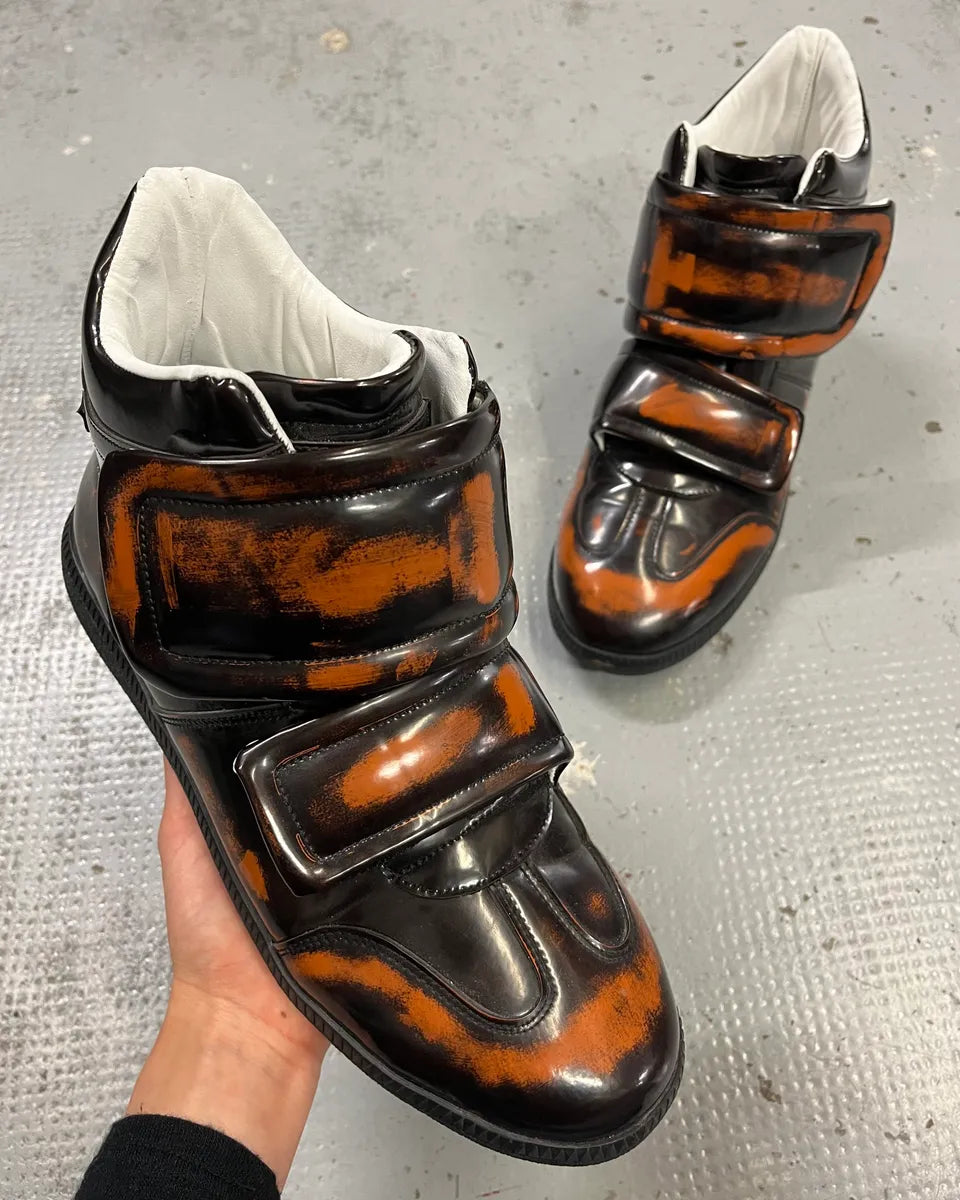 Maison Margiela Black Orange Leather Double Strap High Sneakers MzXZbtM 0
