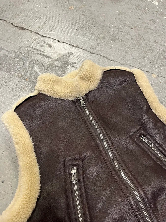 Maison Margiela Brown 5 Zips Shearling Leather Vest PJEqaAD 3