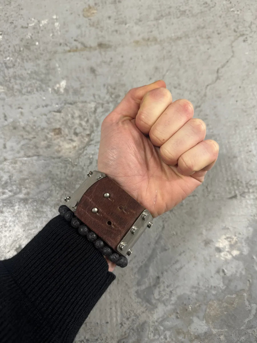 Maison Margiela Brown Leather Metallic Avant-Garde Bracelet (OS) 1