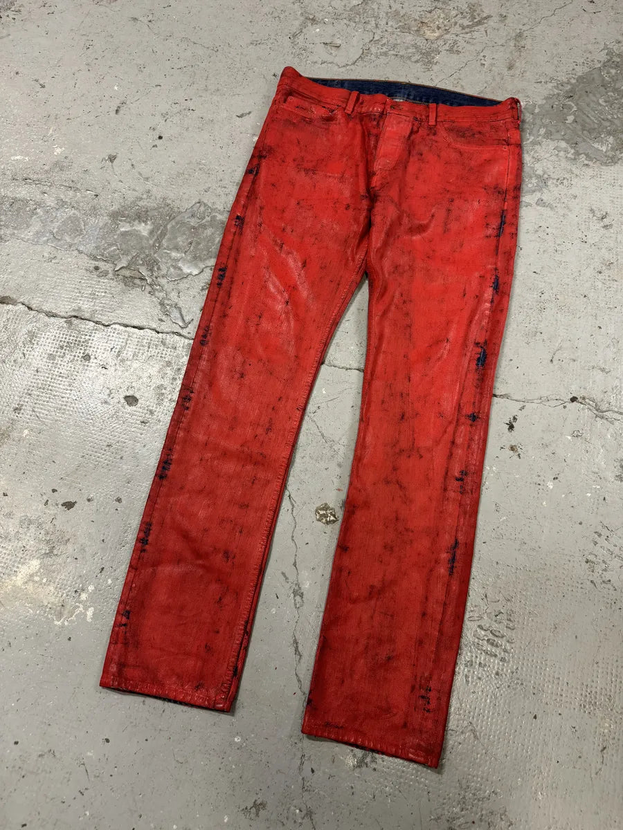 Maison Margiela H&M Red Painted Denim Jeans (S/M) BWTyDyi 4