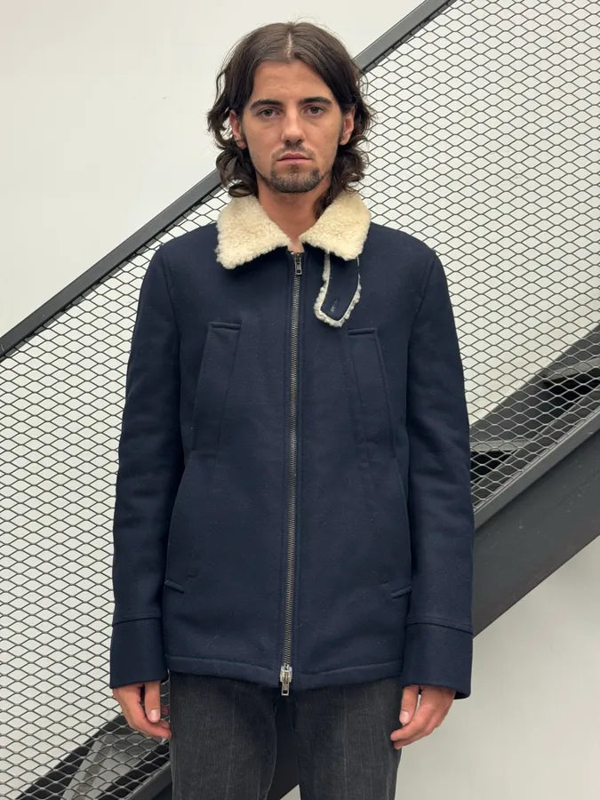 AW2013 Maison Margiela Navy Wool Hidden 5 Zip Shearling Collar Coat dOPNxGJ 1