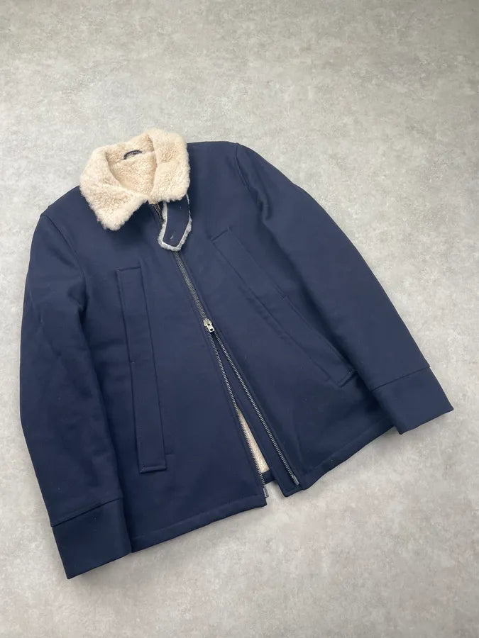 AW2013 Maison Margiela Navy Wool Hidden 5 Zip Shearling Collar Coat dOPNxGJ 5