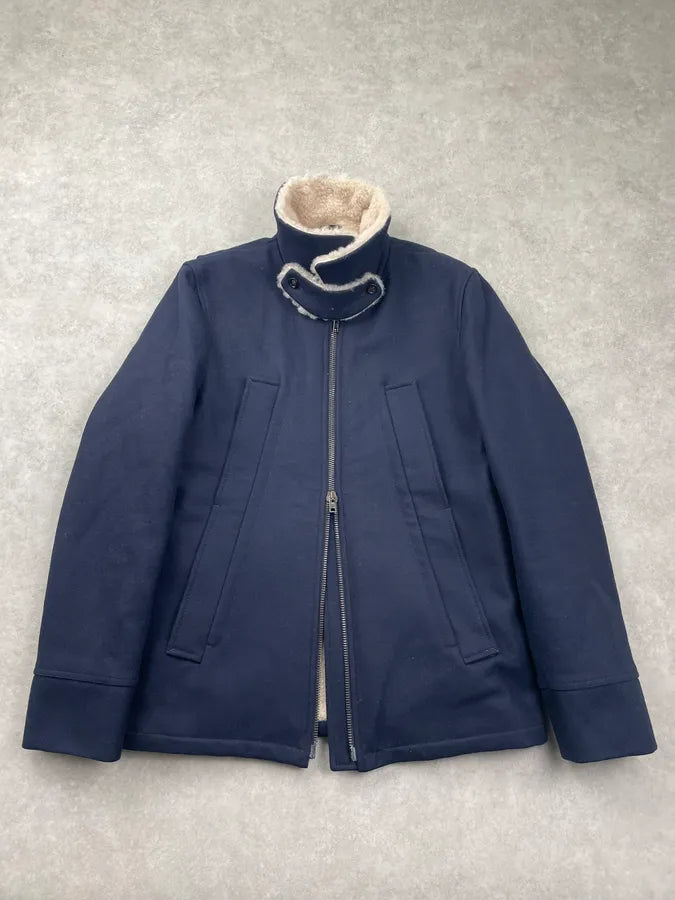AW2013 Maison Margiela Navy Wool Hidden 5 Zip Shearling Collar Coat dOPNxGJ 7