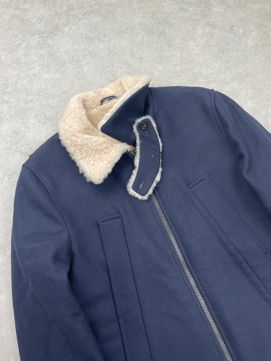 AW2013 Maison Margiela Navy Wool Hidden 5 Zip Shearling Collar Coat dOPNxGJ 3