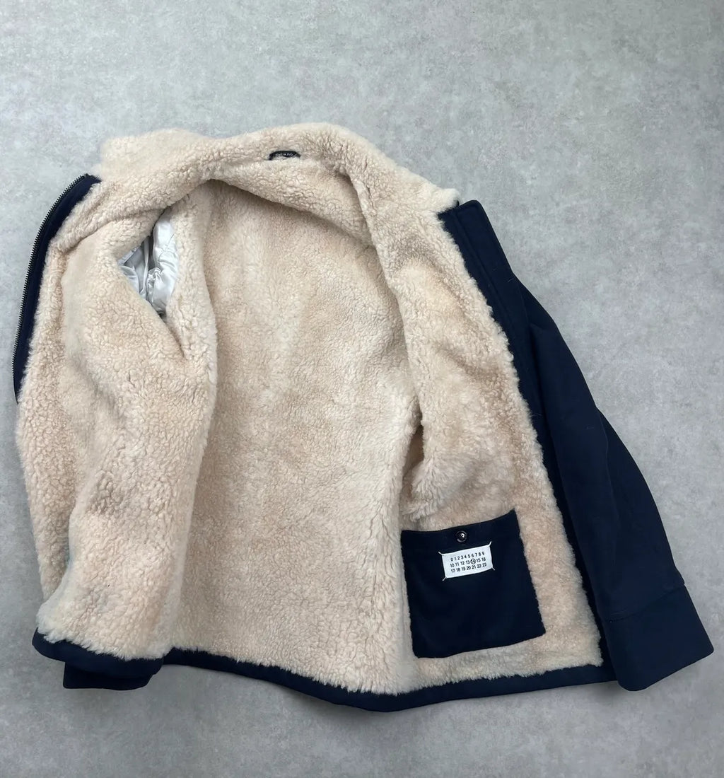 AW2013 Maison Margiela Navy Wool Hidden 5 Zip Shearling Collar Coat dOPNxGJ 14