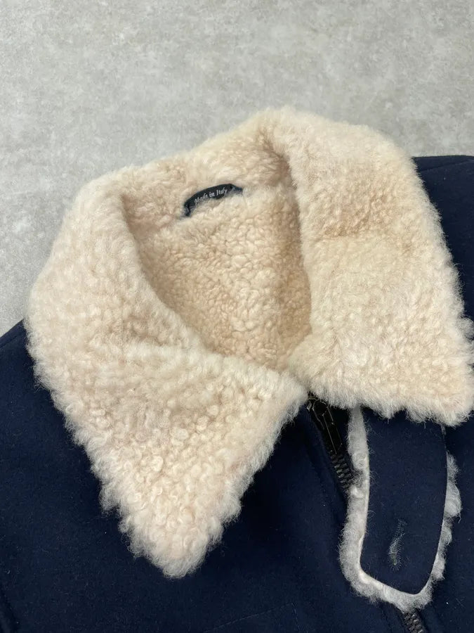 AW2013 Maison Margiela Navy Wool Hidden 5 Zip Shearling Collar Coat dOPNxGJ 6