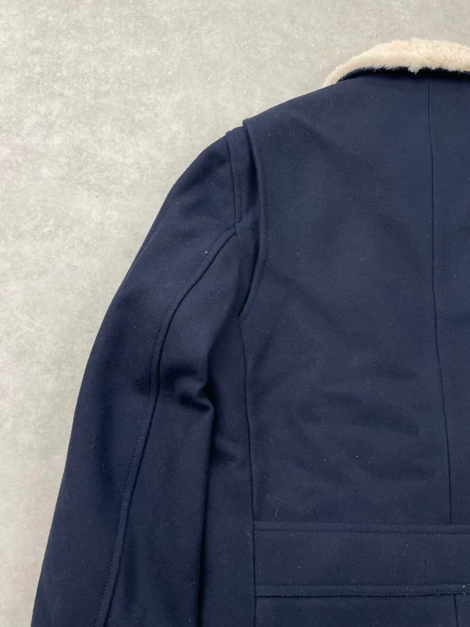 AW2013 Maison Margiela Navy Wool Hidden 5 Zip Shearling Collar Coat dOPNxGJ 10