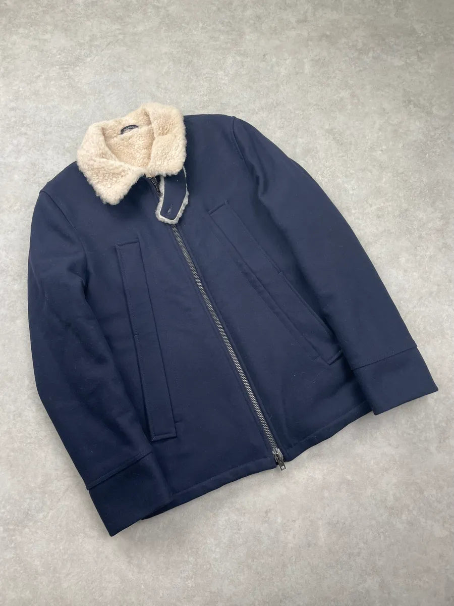 AW2013 Maison Margiela Navy Wool Hidden 5 Zip Shearling Collar Coat dOPNxGJ 4
