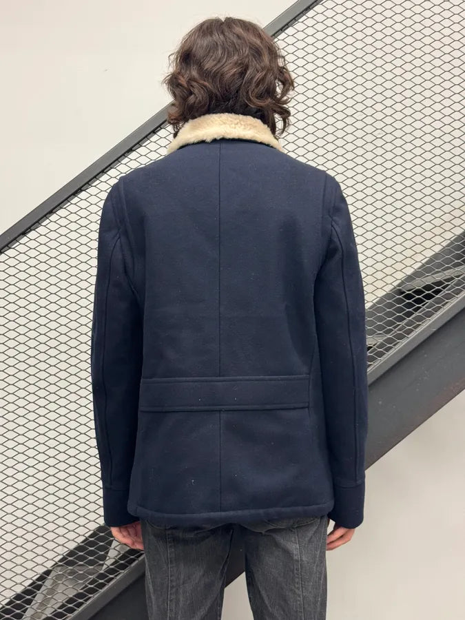 AW2013 Maison Margiela Navy Wool Hidden 5 Zip Shearling Collar Coat dOPNxGJ 2