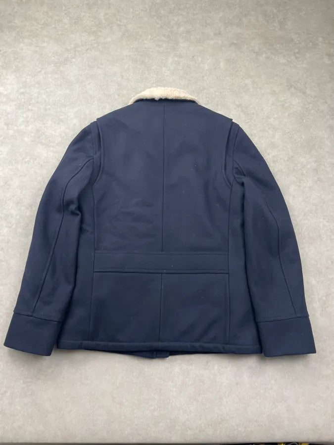 AW2013 Maison Margiela Navy Wool Hidden 5 Zip Shearling Collar Coat dOPNxGJ 9
