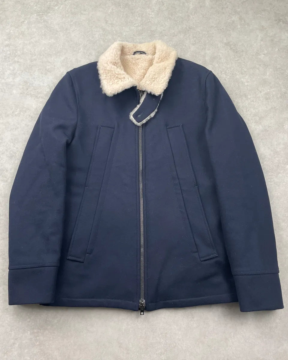 AW2013 Maison Margiela Navy Wool Hidden 5 Zip Shearling Collar Coat dOPNxGJ 0