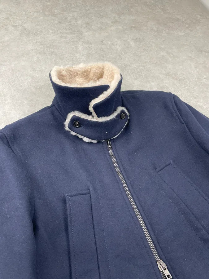 AW2013 Maison Margiela Navy Wool Hidden 5 Zip Shearling Collar Coat dOPNxGJ 8