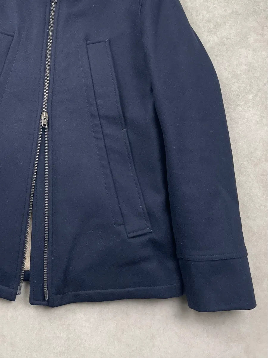 AW2013 Maison Margiela Navy Wool Hidden 5 Zip Shearling Collar Coat dOPNxGJ 11