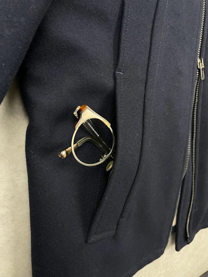 AW2013 Maison Margiela Navy Wool Hidden 5 Zip Shearling Collar Coat dOPNxGJ 12