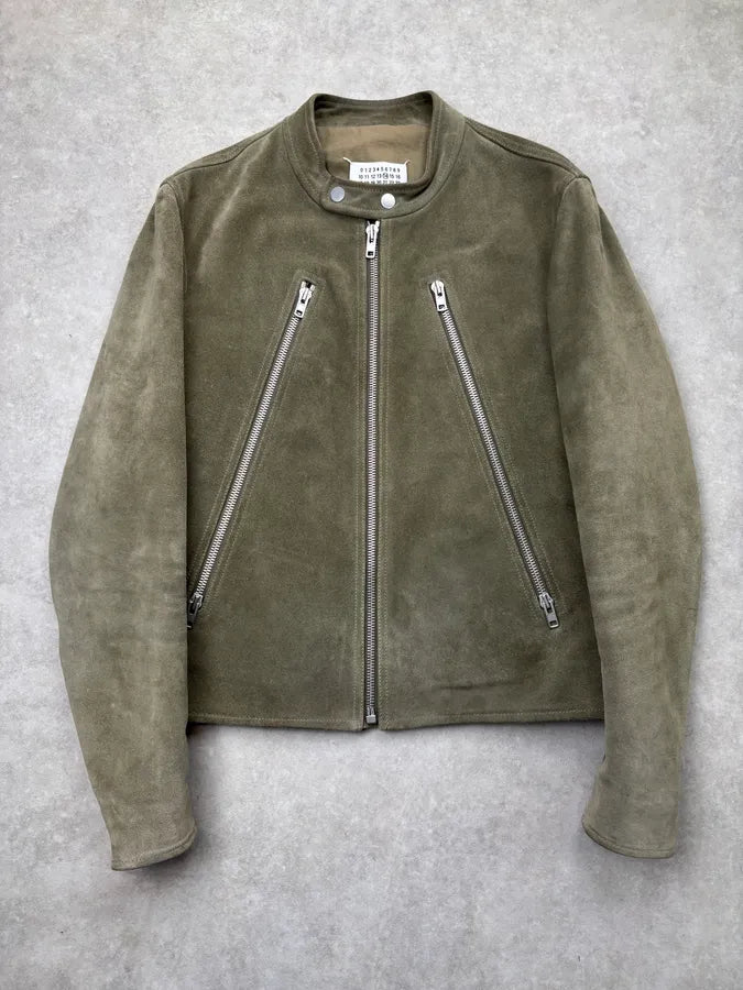 AW2019 Maison Margiela Olive Suede 5 Zip Biker Leather Jacket EhfIFfY 0