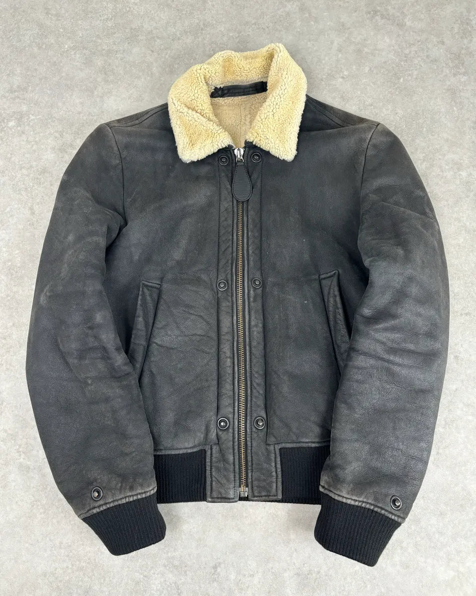 AW2011 Maison Margiela Shearling Faded Black Leather Jacket hfYffjT 0