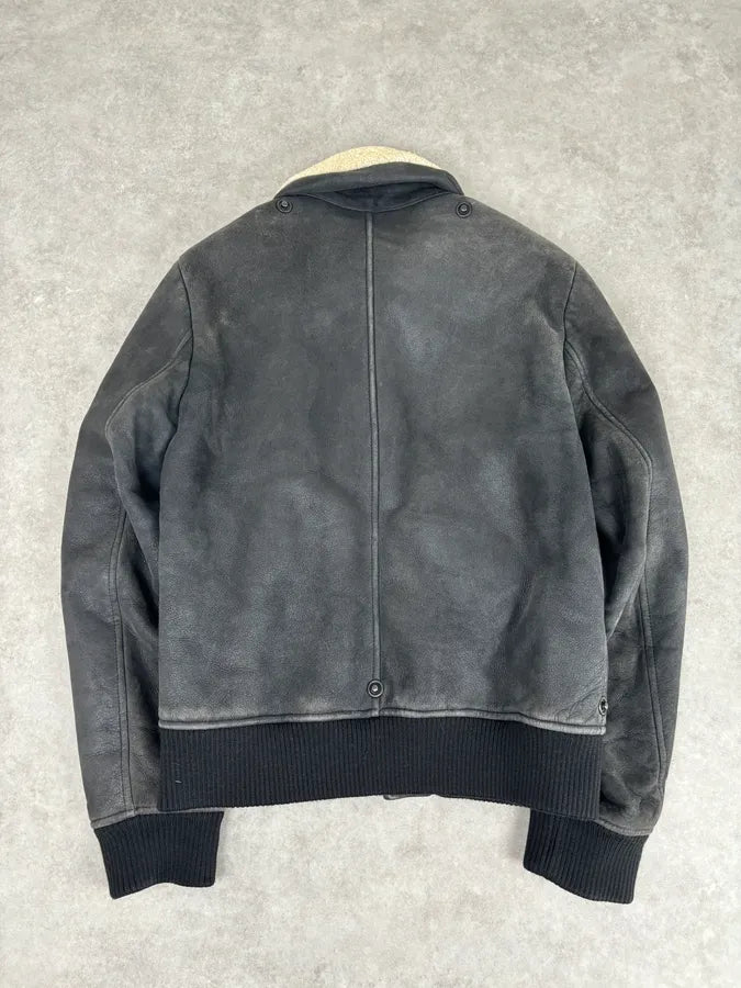 AW2011 Maison Margiela Shearling Faded Black Leather Jacket hfYffjT 4