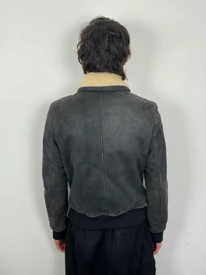 AW2011 Maison Margiela Shearling Faded Black Leather Jacket hfYffjT 2